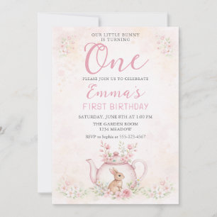 Invitation Certains Lapin a un an Théière Fille 1er Anniversa