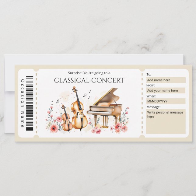 Invitation Certificat Cadeau Billet de Musique Classique (Devant)