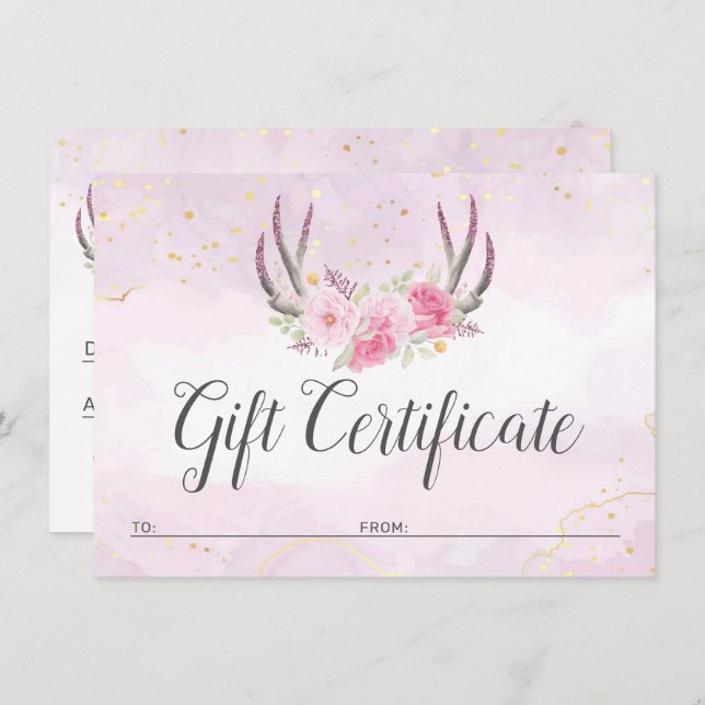 Invitation Certificat cadeau Blush Pink Or Antlers Chic Card (Devant / Derrière)