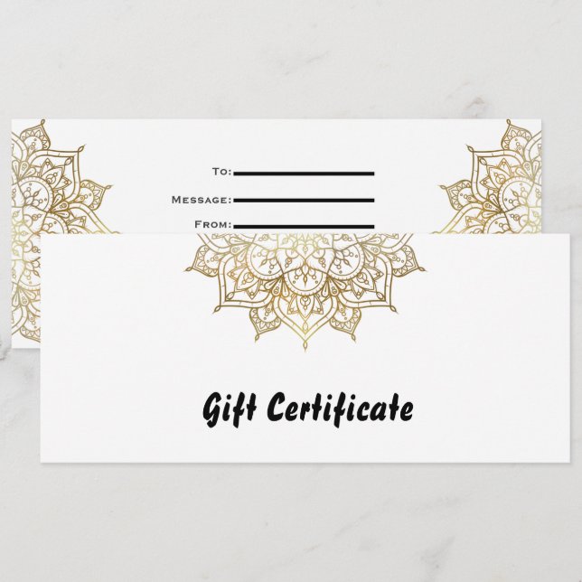 Invitation Certificat Cadeau Élégant Mandala Or & Blanc (Devant / Derrière)