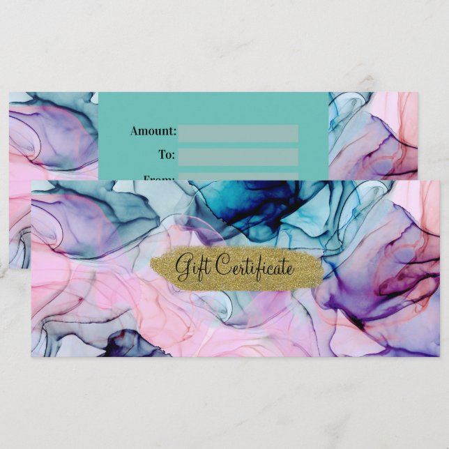 Invitation Certificat Cadeau Encre Ethéré Turquoise Rose Viol (Devant / Derrière)
