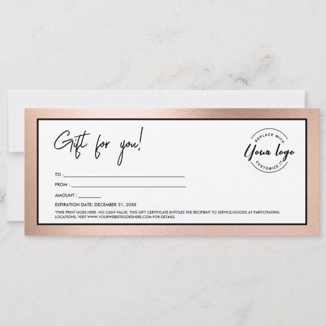 Invitation Certificat Cadeau Moderne Rose Gold Ajouter Logo (Devant)