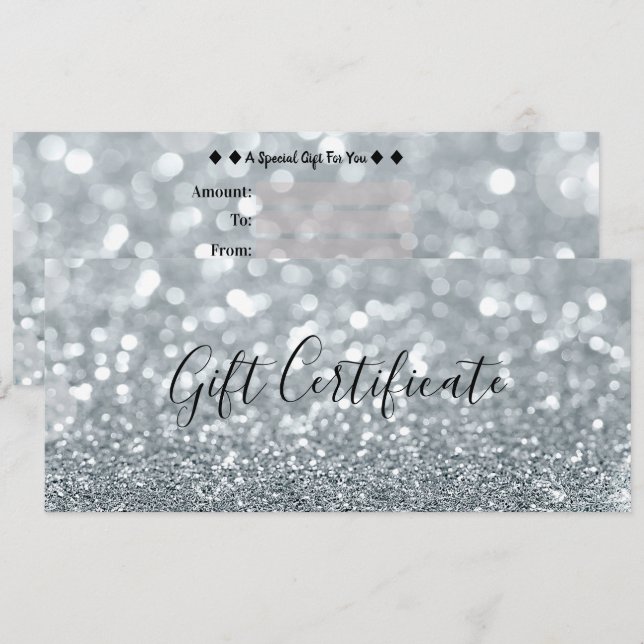 Invitation Certificat Cadeau Paillettes Argentées Blanches Gl (Devant / Derrière)