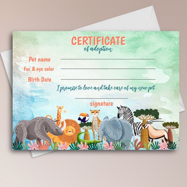 Invitation Certificat d'adoption d'animal de jungle Safari po (Créateur téléchargé)