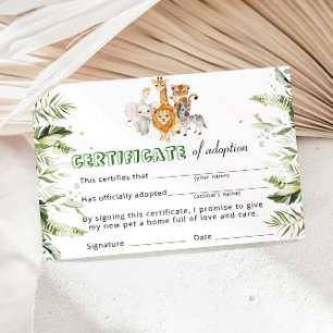 Invitation Certificat d'adoption d'animaux sauvages Safari