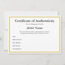 Certificat d'authenticité pour la photographie