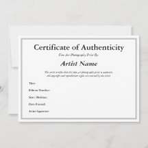 Certificat d'authenticité pour la photographie Arg