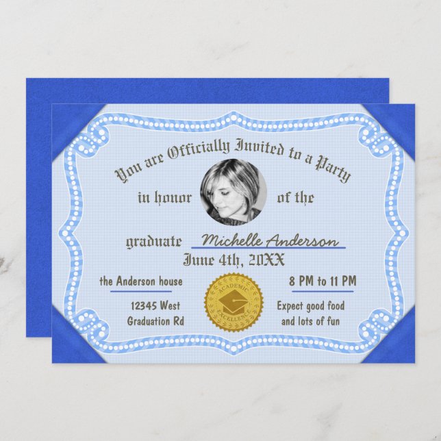 Invitation Certificat de diplôme de diplôme de licence photo  (Devant / Derrière)