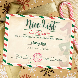 Invitation Certificat de liste sage du Père Noël mignon 