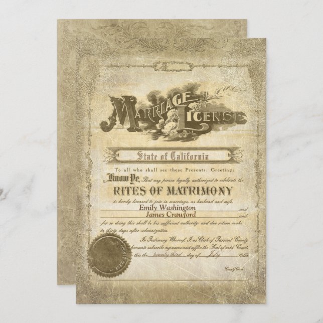 Invitation Certificat de mariage vintage (Devant / Derrière)