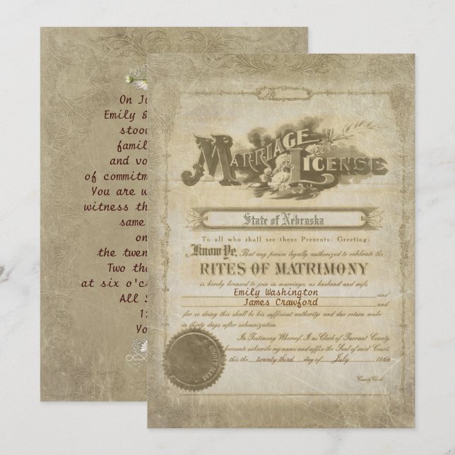 Invitation Certificat de mariage vintage (Devant / Derrière)