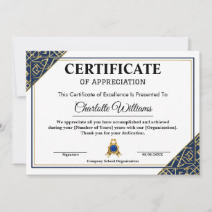 Invitation Certificat de reconnaissance de l'employé Bleu Or 