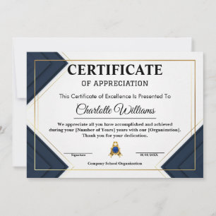 Invitation Certificat de reconnaissance de l'employé Bleu Or