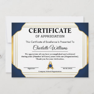 Invitation Certificat de reconnaissance des employés Bleu Or