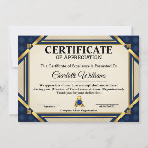 Invitation Certificat de reconnaissance des employés Bleu Or