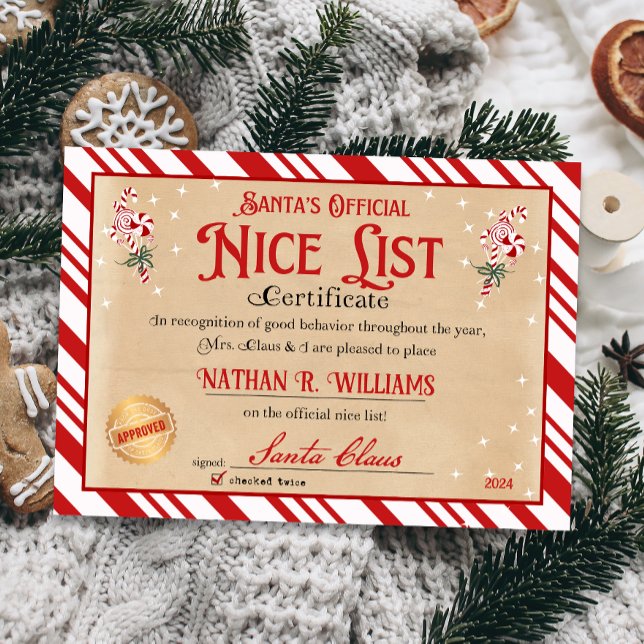 Invitation Certificat Nice de Père Noël approuvé deux fois vé (Official Nice List Certificate Santa Claus North Pole letter instant download printable)