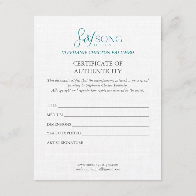 Invitation Certificate of Authenticity For Artwork (Devant)