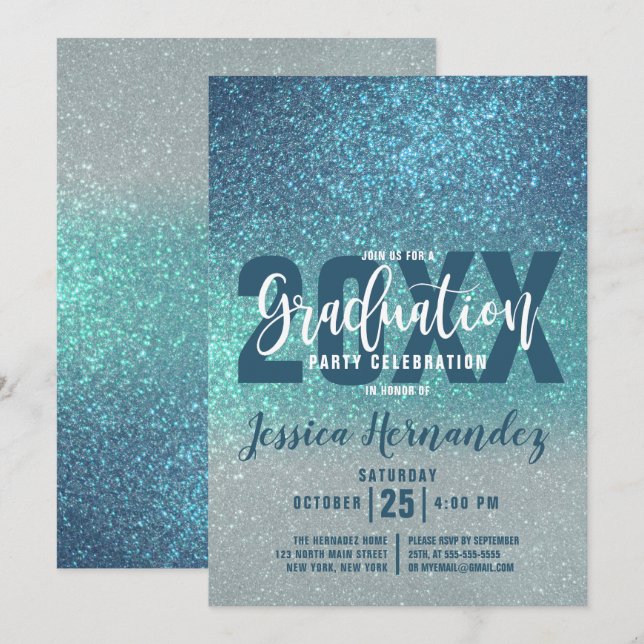 Invitation Cerulean Blue Turquoise triple Parties scintillant (Devant / Derrière)