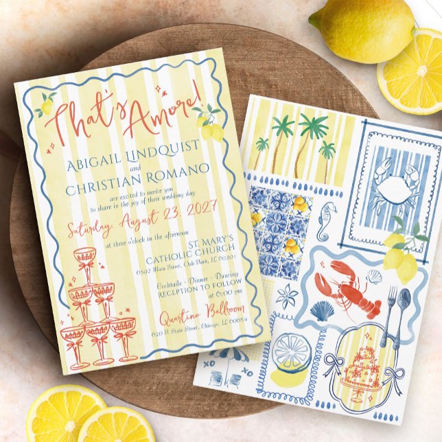 Invitation C'est Amore Italien Lemons Blue Coastal Mariage (Hand drawn Italian blue and yellow striped coastal ocean mediterranean tiles lemon wedding invite)