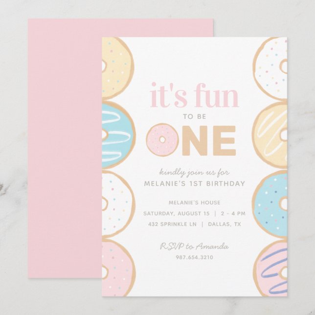 Invitation C'est amusant d'être un Donut première fête d'anni (Devant / Derrière)