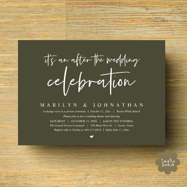 Invitation C'est après la fête mariage, dîner (It's an after the wedding party, Modern Romantic Dinner Celebration Invitation Card PDF Olive Green)