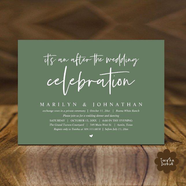 Invitation C'est après la fête mariage, dîner (It's an after the wedding party, Modern Romantic Dinner Celebration Invitation Card PDF Sage Green)