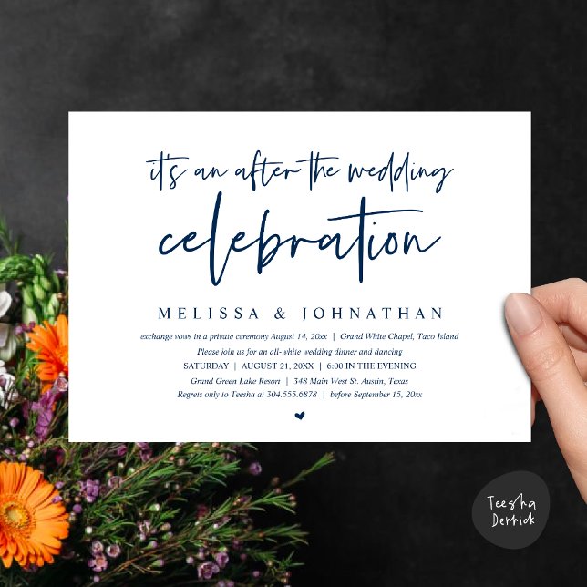Invitation C'est après la fête mariage, dîner (Happily Ever After Party, After the wedding celebration Romantic Dinner Invites Card PDF Navy Blue)