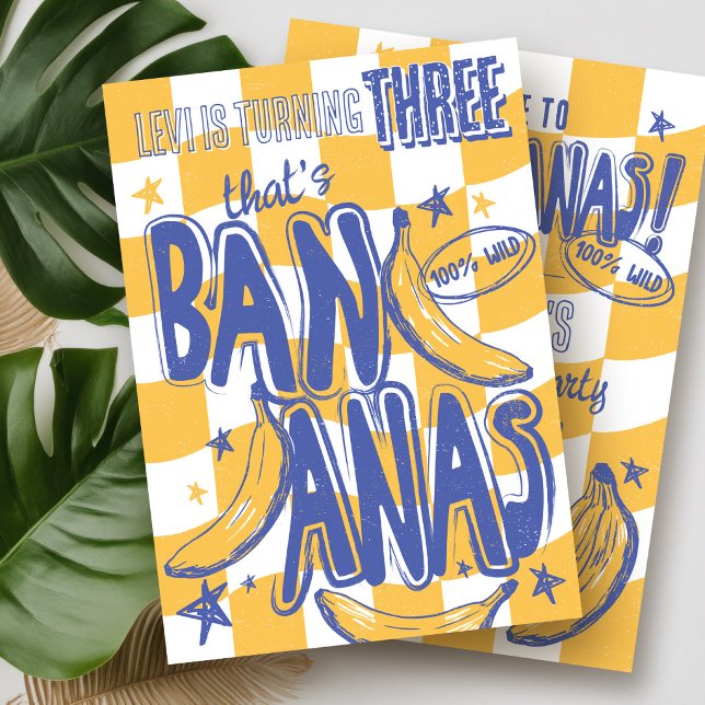 Invitation C'est BANANAS Singe Drôle Garçon Sauvage 3e Annive (Funny That's Bananas BANANA theme yellow blue checked modern jungle wild Boy 3rd Birthday Invitation)