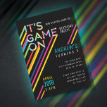 Invitation C'est Jeu On Colorful Neon Laser Tag Anniversaire<br><div class="desc">Mettez au défi et invitation vos invités de fête à un jeu de laser tag avec notre amusant, brillant et cool laser tag thème anniversaire invitation à la fête d'anniversaire. Le design comprend un design typographique couleur "It's Game On" avec des poutres de lumières lumineuses de plusieurs couleurs qui s'échappent...</div>