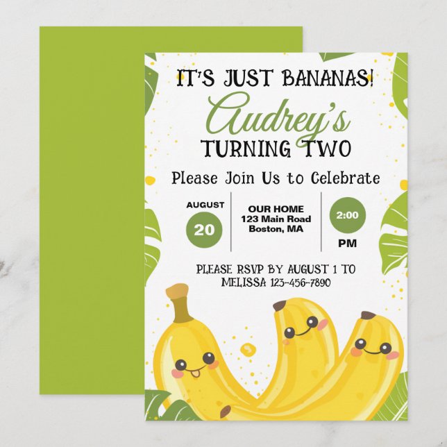 Invitation C'est juste des bananes pour une fête d'anniversai (Devant / Derrière)