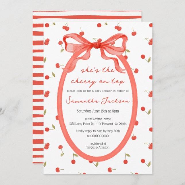 Invitation C'est la cerise sur le Baby shower Red Girl Top (Devant / Derrière)