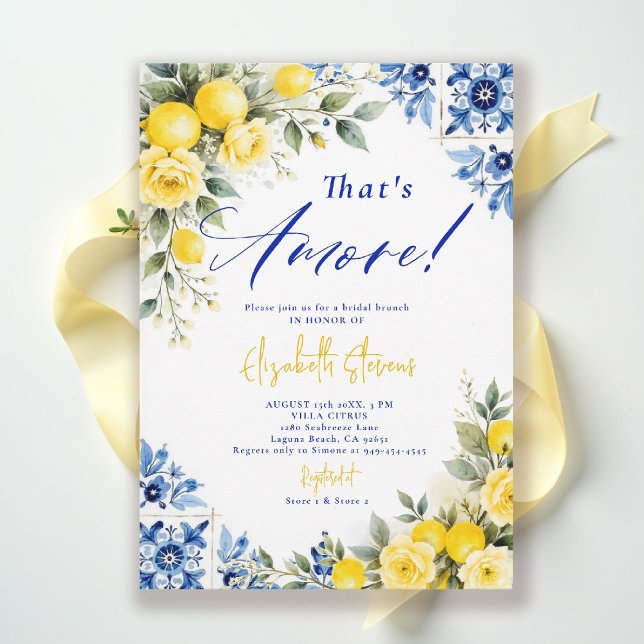 Invitation C'est la fête de mariage avec des roses à encadrem (thats amore bridal shower theme lemon blue tile italian summer invitation yellow roses floral)