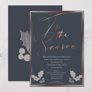 Invitation C'est la fête de Noël de la saison bleue et cuivre