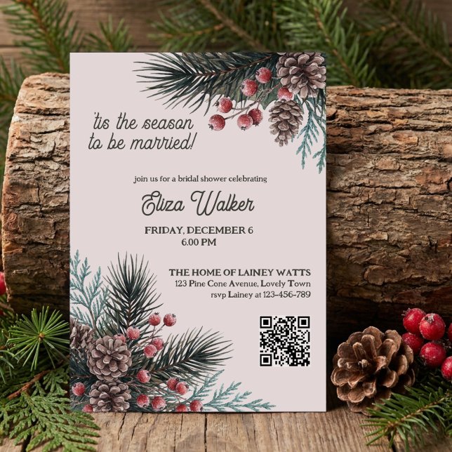 Invitation C'est la saison Cône de pin Fête de fiançailles hi (Winter Bridal Shower invitation with pine cones and berries by Darling & May)