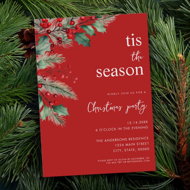 Invitation C'est la saison Fête de Noël moderne aux fleurs ro (Créateur téléchargé)