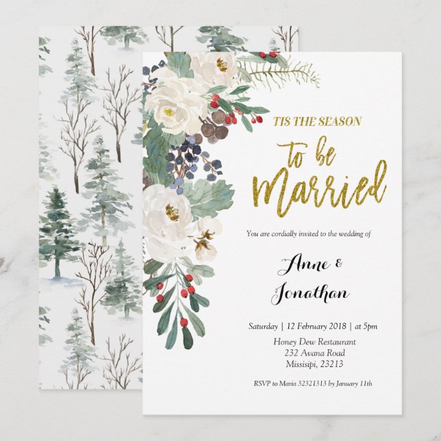 Invitation C'est la saison pour être mariée Fleurs de Noël (Devant / Derrière)