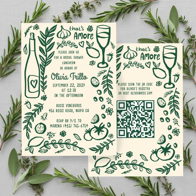 Invitation C'est l'Amore Nourriture Italienne PERSONNALISÉE B (That's Amore Italian Food Hand-drawn Doodle CUSTOM QR Code Bridal Shower Party Invitation
)