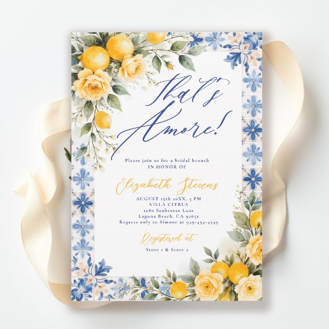 Invitation C'est l'Amour Carrelage Bleu Citron Fête de Mariag (thats amore bridal shower theme lemon blue tile frame italian summer invitation yellow floral script)