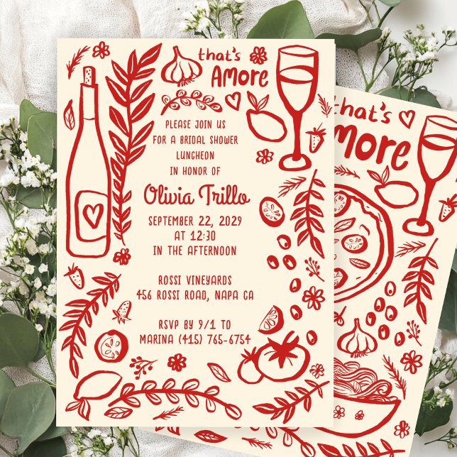 Invitation C'est l'amour Cuisine Italienne SUR MESURE Bridal  (That's Amore Italian Food Hand-drawn Doodle CUSTOM Bridal SHower Party Invitation
)