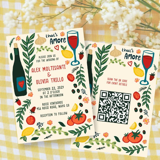 Invitation C'est l'amour de la nourriture italienne Mariage p (That's Amore Italian Food CUSTOM QR Hand-drawn Charming Wedding Party Invitation
)