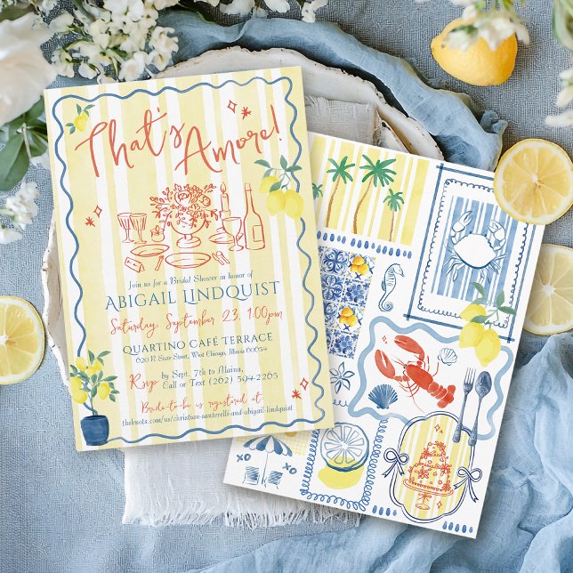 Invitation C'est l'Amour Mariage sur le Thème de la Côte avec (That's Amore yellow and blue coastal Italian Mediterranean tiles and lemons bridal shower invitation)