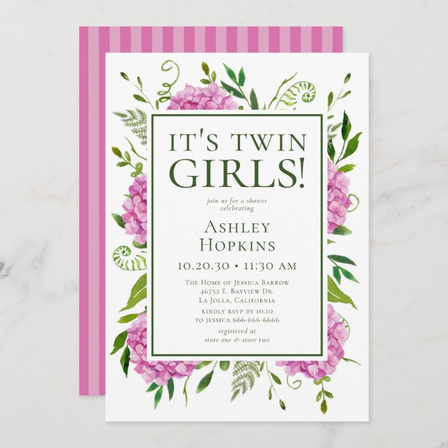 Invitation C'est le Baby shower Twin Girls Pink Hydrangeas (Devant / Derrière)