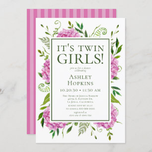 Invitation C'est le Baby shower Twin Girls Pink Hydrangeas