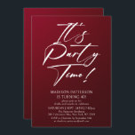 Invitation C'est l'heure de la fête 40e fête d'anniversaire S<br><div class="desc">It's Party Time 40th Quarantième anniversaire Party Simple Elegant Invitation Invitation présente un design minimaliste avec le texte "It's Party Time!" dans la typographie de script de calligraphie blanche moderne et personnalisé ci-dessous avec votre texte personnalisé sur un arrière - plan bordeaux. Le style et la couleur de police de...</div>