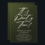 Invitation C'est l'heure de la fête 40e fête d'anniversaire S<br><div class="desc">It's Party Time 40th Quarantième anniversaire Party Simple Elegant Invitation Invitation présente un design minimaliste avec le texte "It's Party Time!" dans la typographie de script de calligraphie blanche moderne et personnalisé ci-dessous avec votre texte personnalisé sur un arrière - plan vert. Le style et la couleur de police de...</div>