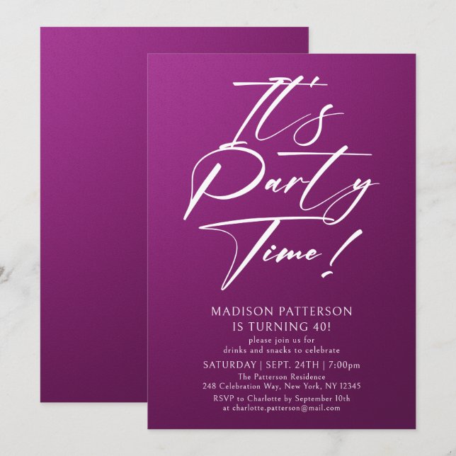 Invitation C'est l'heure de la fête 40e fête d'anniversaire S (Devant / Derrière)