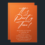 Invitation C'est l'heure de la fête 40e fête d'anniversaire S<br><div class="desc">It's Party Time 40th Quarantième anniversaire Party Simple Elegant Invitation Invitation présente un design minimaliste avec le texte "It's Party Time!" dans la typographie de script de calligraphie blanche moderne et personnalisé ci-dessous avec votre texte personnalisé sur un arrière - plan orange. Le style et la couleur de police de...</div>