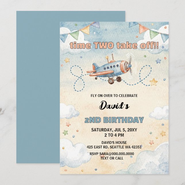 Invitation C'est L'heure De Voler Anniversaire D'avion  (Devant / Derrière)