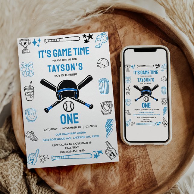 Invitation C'est l'heure du baseball pour le 1er anniversaire (It’s Game Time Baseball 1st Birthday – Fun Sports Invitation
)