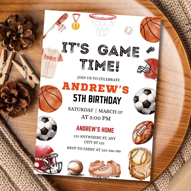 Invitation C'est l'heure du jeu Anniversaire Basketball Footb (Créateur téléchargé)